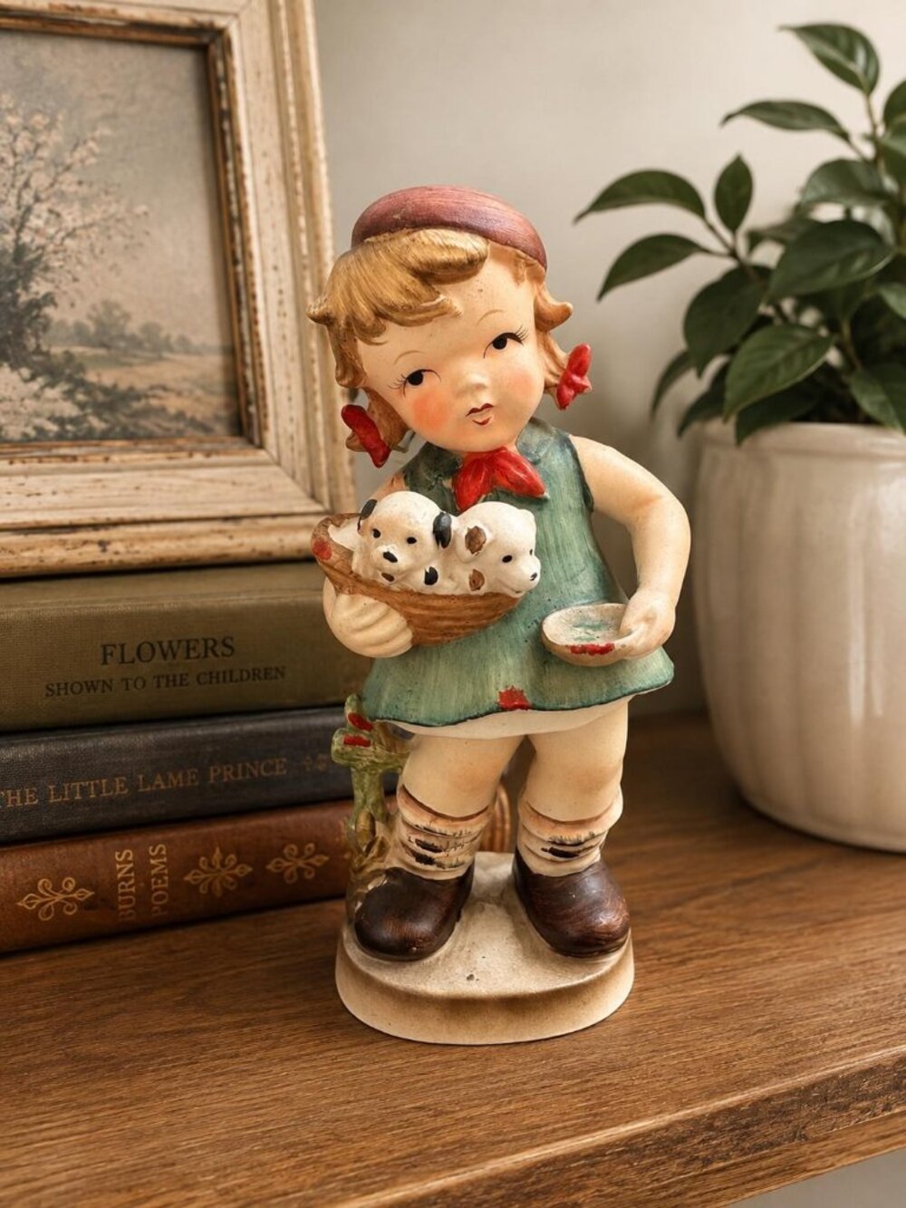 Vintage Napco Japan Girl with Puppies Ceramic Figurine, Mid Century Decor